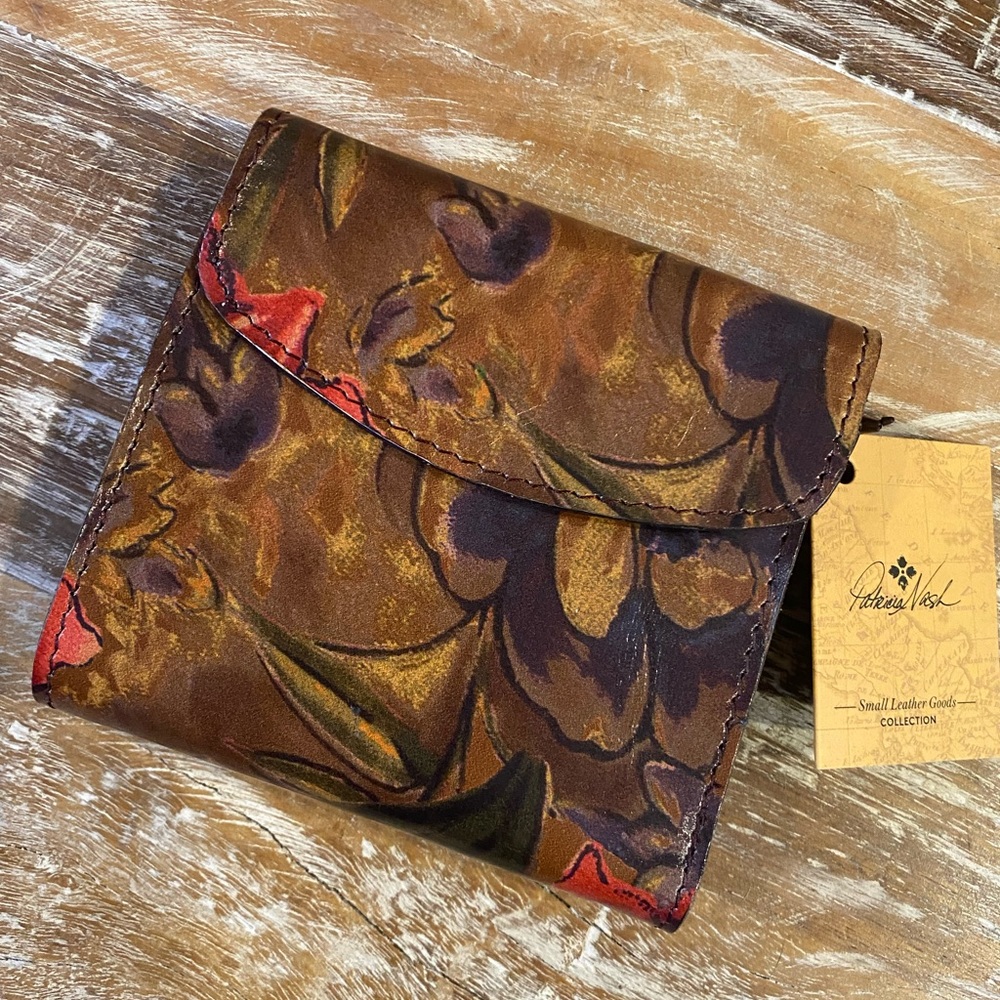 Patricia Nash Brown Floral Leather Wallet with Red and Purple Accents